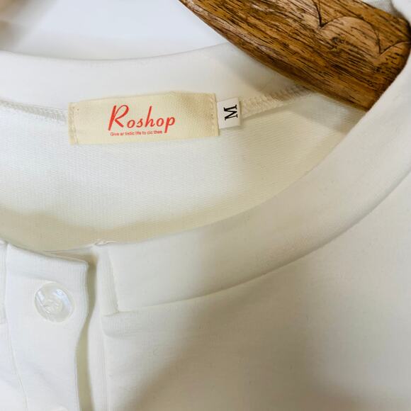 White Henley Shirt Full Gathered Sleeve Lettuce Hem Top Sz Medium - Picture 8 of 9